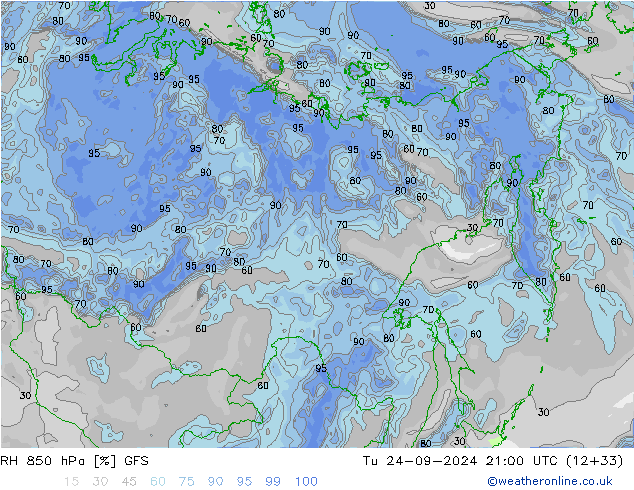 RH 850 hPa GFS Tu 24.09.2024 21 UTC