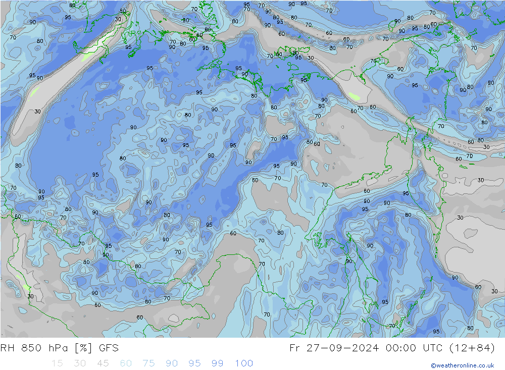 RH 850 гПа GFS пт 27.09.2024 00 UTC