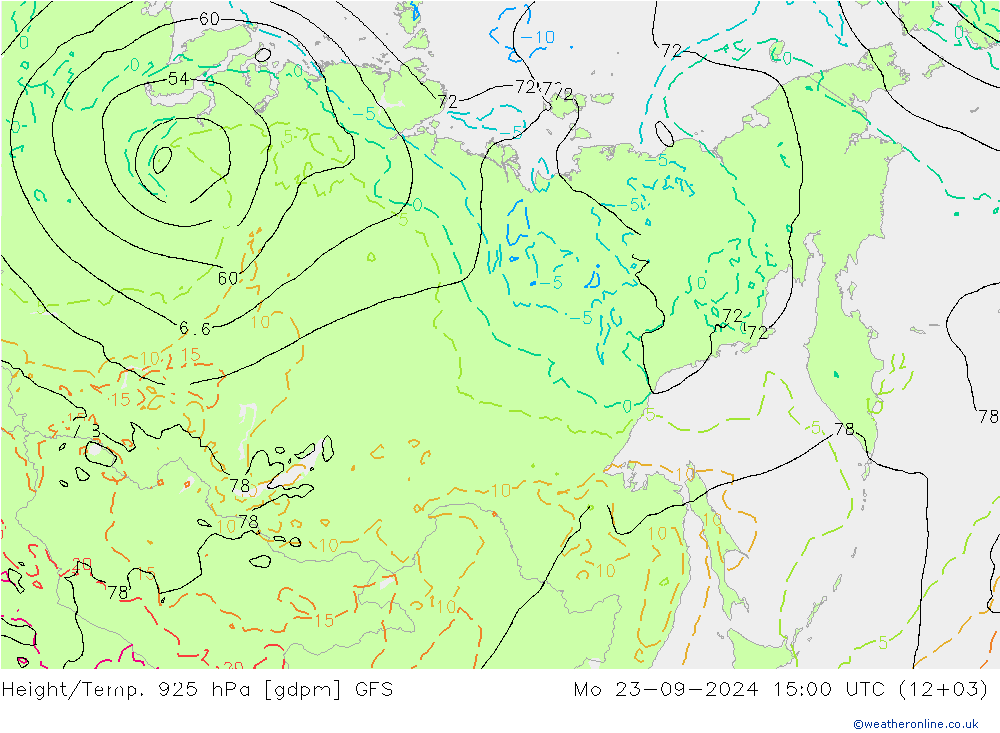 Height/Temp. 925 hPa GFS lun 23.09.2024 15 UTC