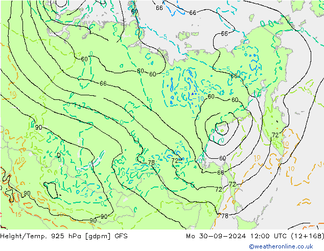 Hoogte/Temp. 925 hPa GFS ma 30.09.2024 12 UTC