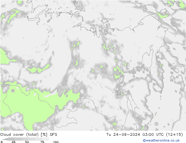 Cloud cover (total) GFS Út 24.09.2024 03 UTC