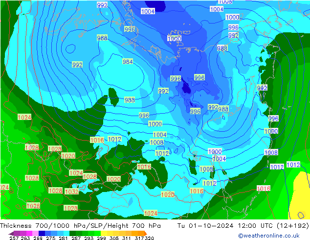 Thck 700-1000 hPa GFS Tu 01.10.2024 12 UTC