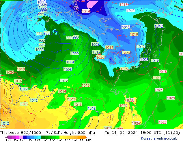 Thck 850-1000 hPa GFS Tu 24.09.2024 18 UTC