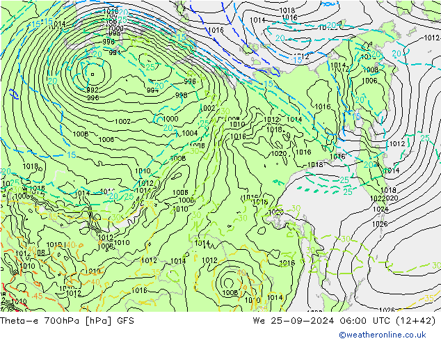 Theta-e 700hPa GFS mer 25.09.2024 06 UTC