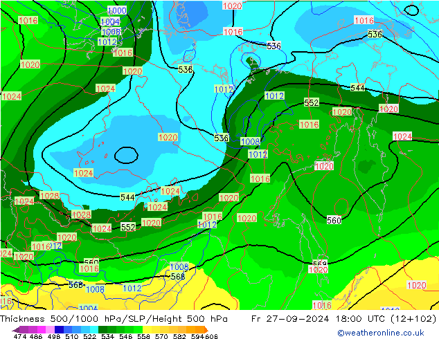 Thck 500-1000hPa GFS ven 27.09.2024 18 UTC