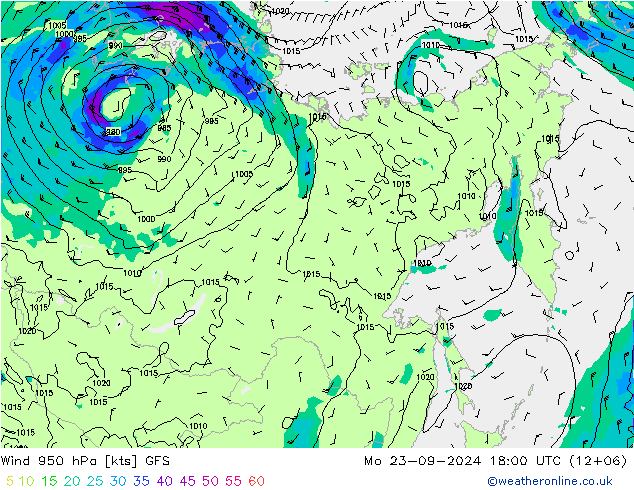 Prec 6h/Wind 10m/950 GFS пн 23.09.2024 18 UTC