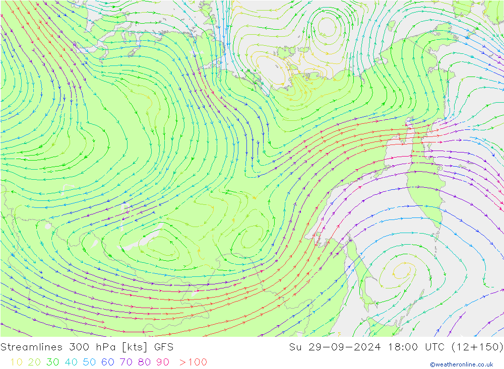 Stroomlijn 300 hPa GFS zo 29.09.2024 18 UTC