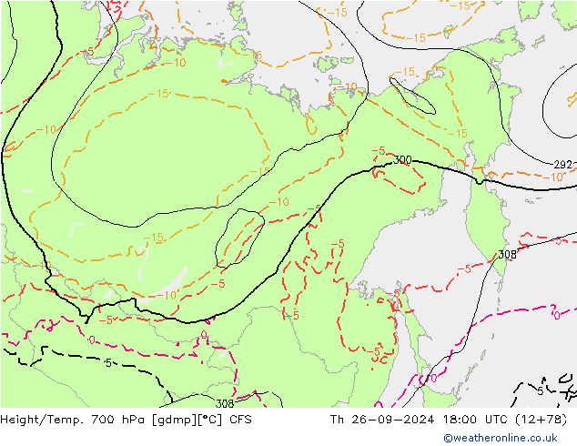 Height/Temp. 700 гПа GFS чт 26.09.2024 18 UTC