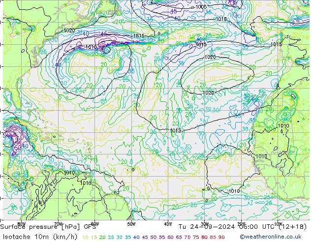 Isotachen (km/h) GFS Di 24.09.2024 06 UTC