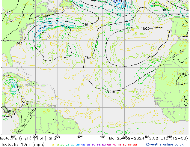 Isotachs (mph) GFS Mo 23.09.2024 12 UTC