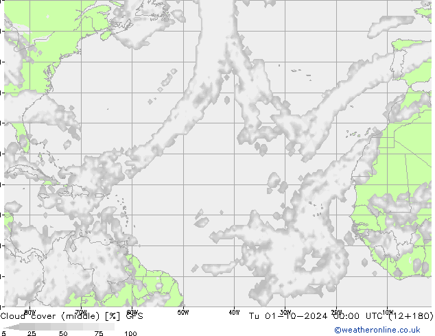 zachmurzenie (środk.) GFS wto. 01.10.2024 00 UTC