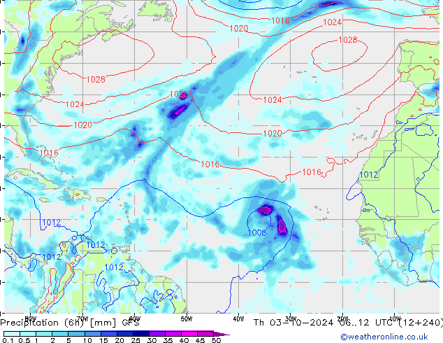 Z500/Rain (+SLP)/Z850 GFS чт 03.10.2024 12 UTC