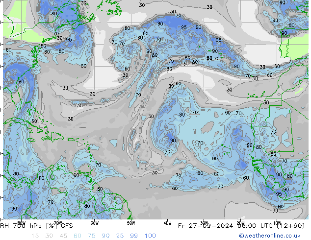 RH 700 hPa GFS Pá 27.09.2024 06 UTC