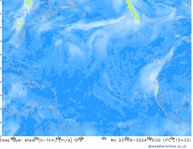 Deep layer shear (0-1km) GFS pon. 23.09.2024 15 UTC