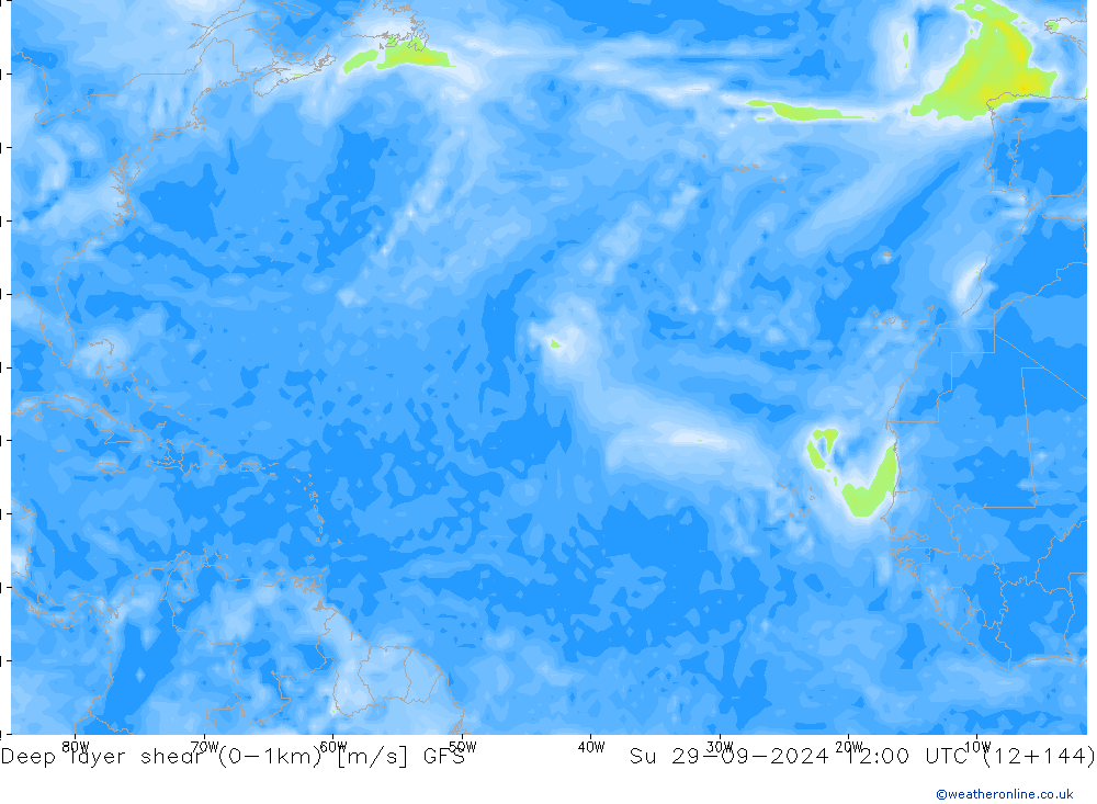 Deep layer shear (0-1km) GFS Su 29.09.2024 12 UTC