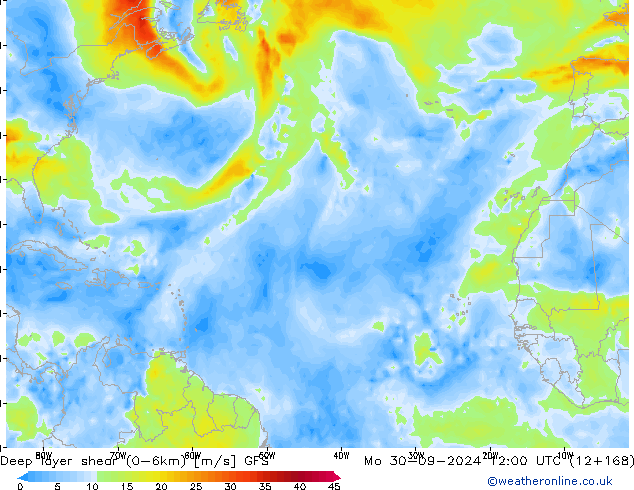 Deep layer shear (0-6km) GFS Mo 30.09.2024 12 UTC