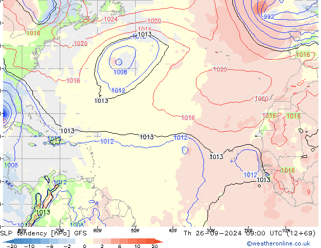 Tendance de pression  GFS jeu 26.09.2024 09 UTC