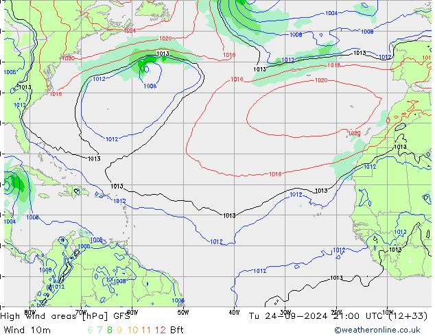 High wind areas GFS Út 24.09.2024 21 UTC