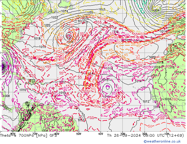 Theta-e 700hPa GFS jeu 26.09.2024 09 UTC