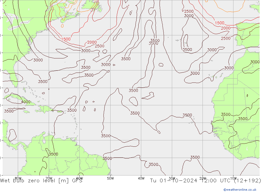 Wet bulb zero level GFS Út 01.10.2024 12 UTC