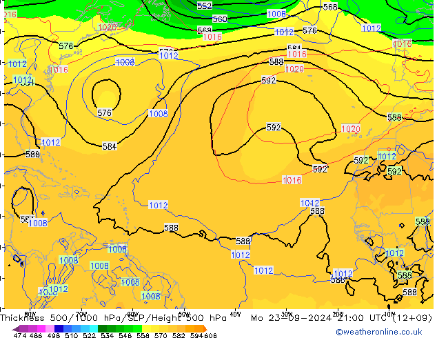 Espesor 500-1000 hPa GFS lun 23.09.2024 21 UTC