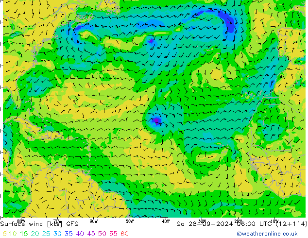 wiatr 10 m GFS so. 28.09.2024 06 UTC