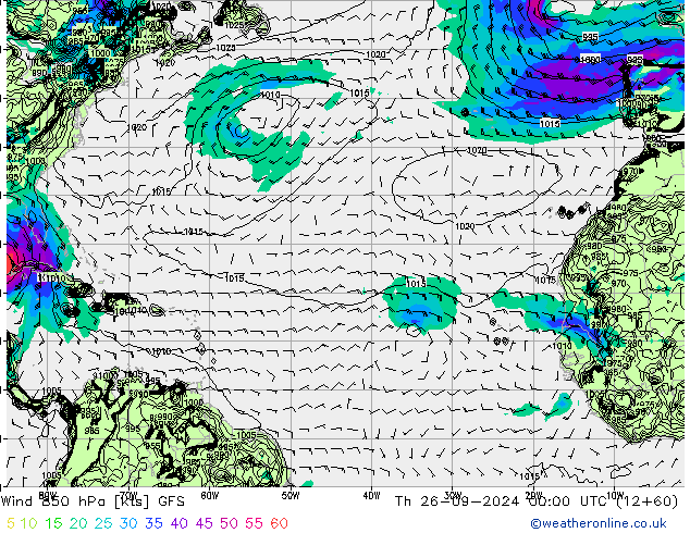 wiatr 850 hPa GFS czw. 26.09.2024 00 UTC