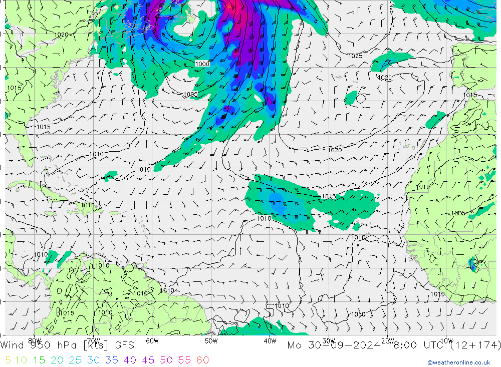 Vento 950 hPa GFS lun 30.09.2024 18 UTC