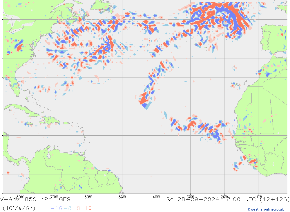 V-Adv. 850 hPa GFS sáb 28.09.2024 18 UTC