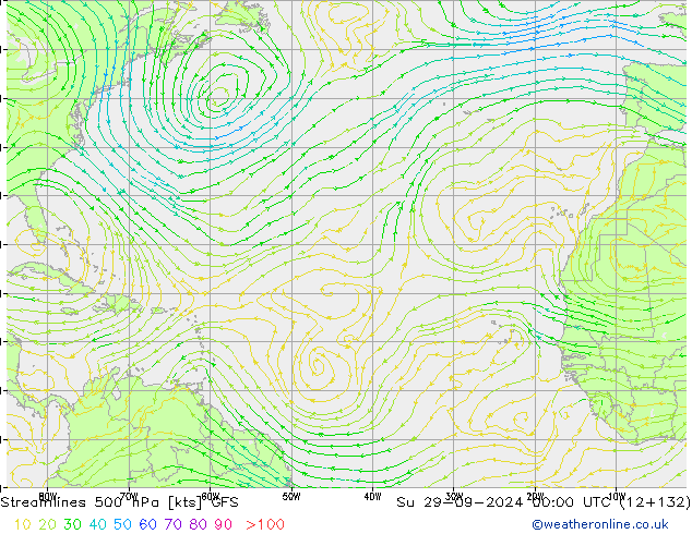 Linia prądu 500 hPa GFS nie. 29.09.2024 00 UTC