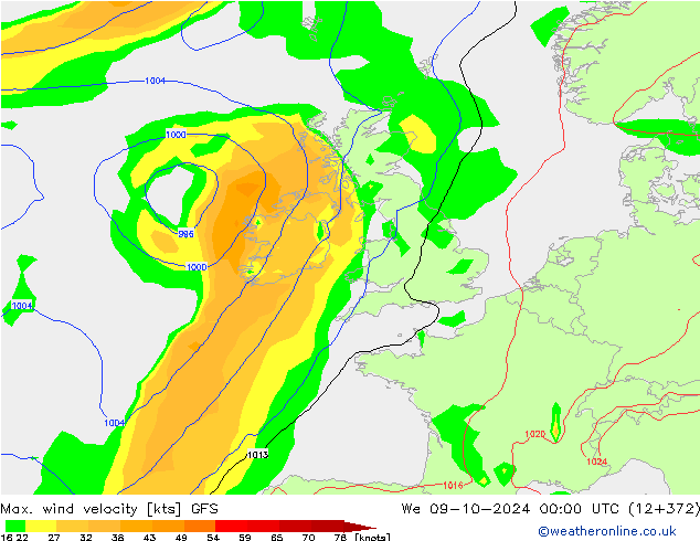 Max. wind velocity GFS  09.10.2024 00 UTC