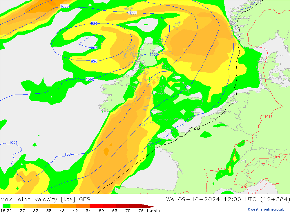 Max. wind velocity GFS mer 09.10.2024 12 UTC