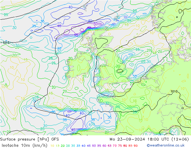 Isotachs (kph) GFS  23.09.2024 18 UTC