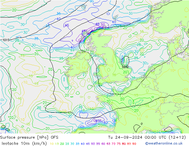 Isotachs (kph) GFS Tu 24.09.2024 00 UTC