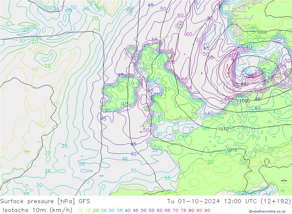 Isotachs (kph) GFS Tu 01.10.2024 12 UTC