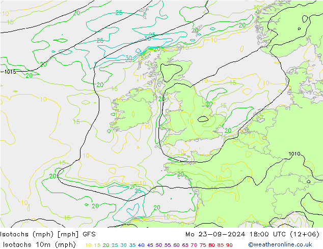 Isotachs (mph) GFS Mo 23.09.2024 18 UTC