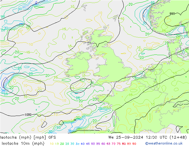 Isotachs (mph) GFS We 25.09.2024 12 UTC