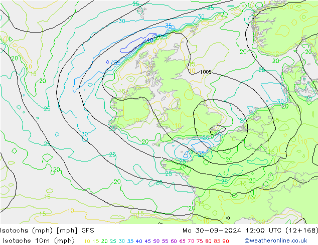 Isotachs (mph) GFS Mo 30.09.2024 12 UTC