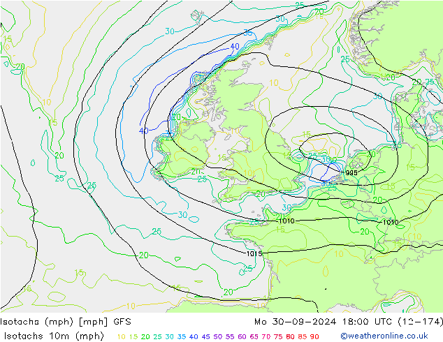 Isotachen (mph) GFS Mo 30.09.2024 18 UTC