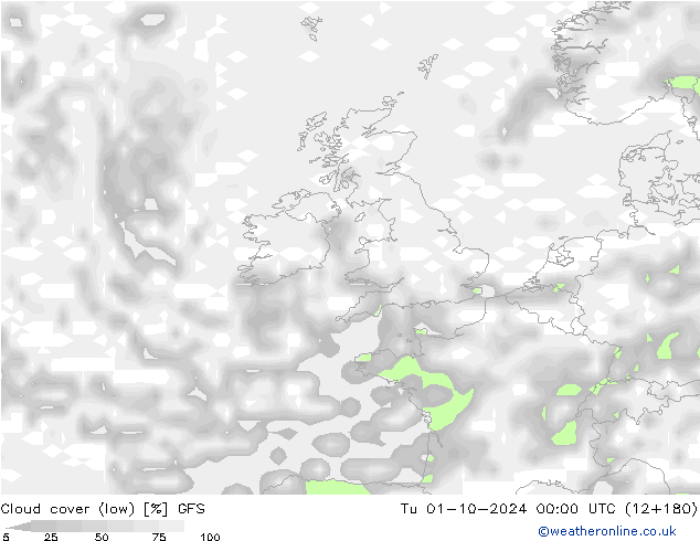 Cloud cover (low) GFS Tu 01.10.2024 00 UTC