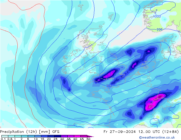 Precipitation (12h) GFS Pá 27.09.2024 00 UTC