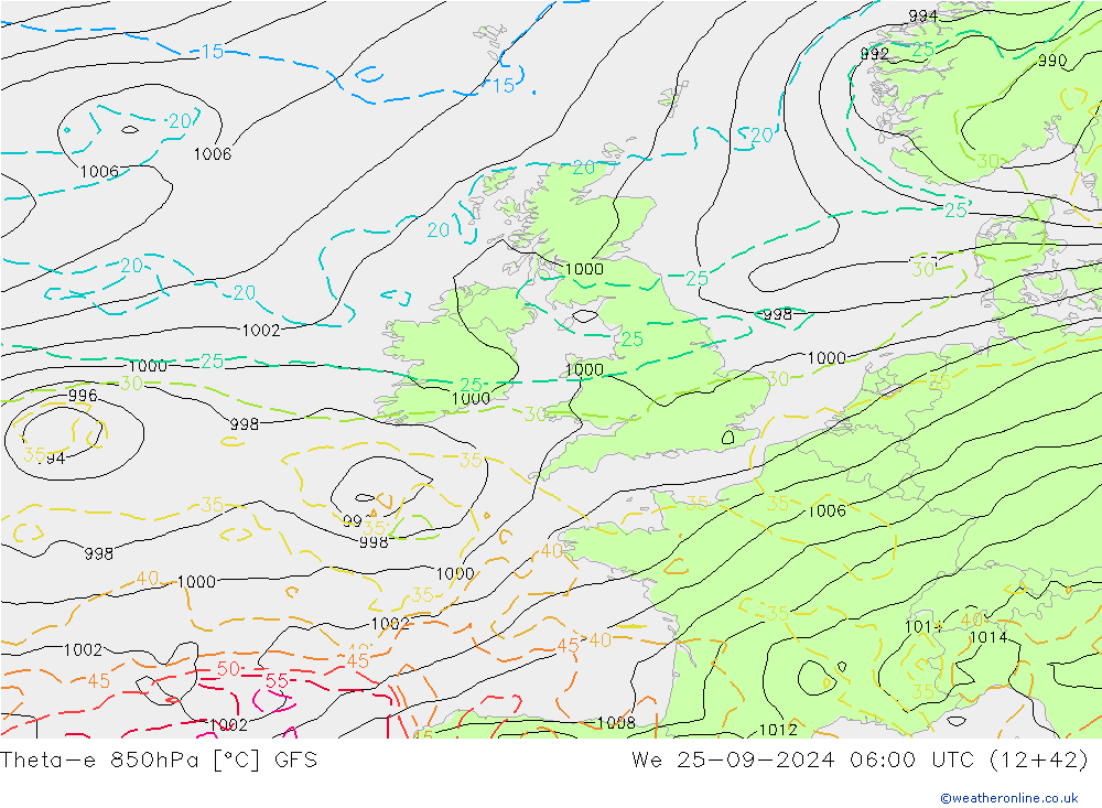 Theta-e 850hPa GFS Qua 25.09.2024 06 UTC