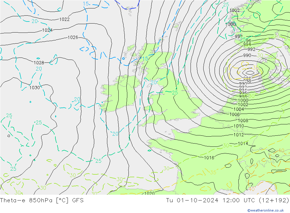 Theta-e 850гПа GFS вт 01.10.2024 12 UTC