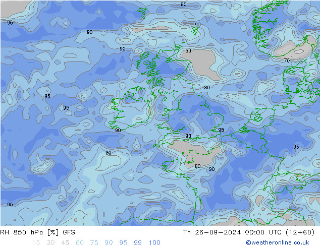 RH 850 гПа GFS чт 26.09.2024 00 UTC