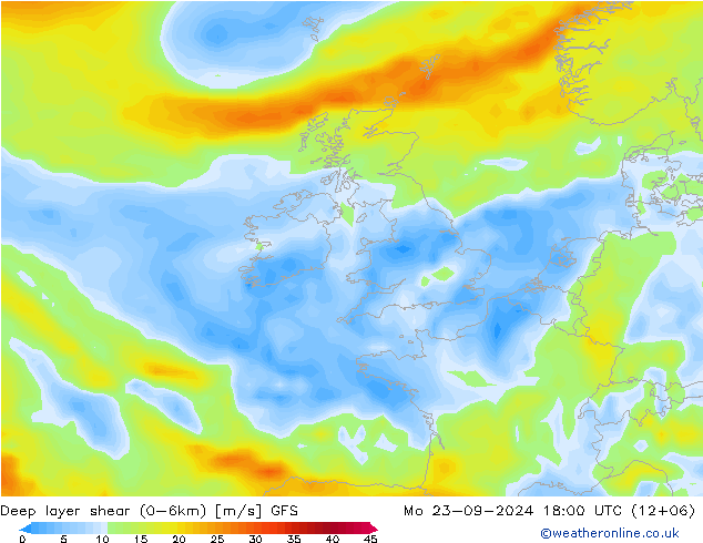 Deep layer shear (0-6km) GFS Mo 23.09.2024 18 UTC