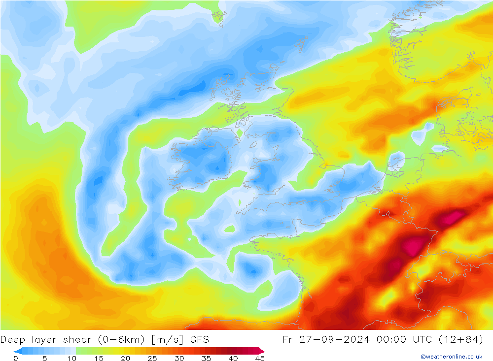 Deep layer shear (0-6km) GFS Fr 27.09.2024 00 UTC