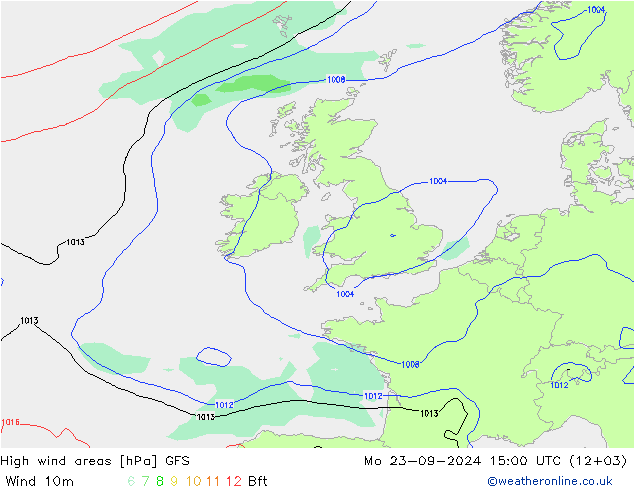 High wind areas GFS lun 23.09.2024 15 UTC