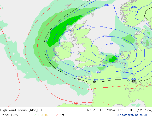 High wind areas GFS Mo 30.09.2024 18 UTC