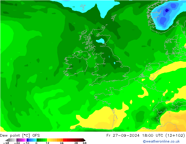 Punto di rugiada GFS ven 27.09.2024 18 UTC