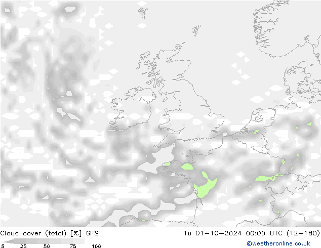 Cloud cover (total) GFS Út 01.10.2024 00 UTC